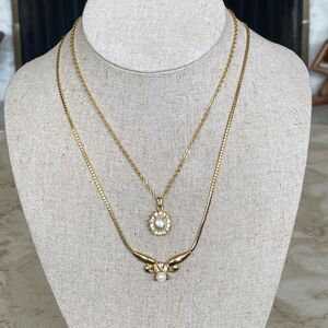 Two Gold Tone Pearl & Crystals Layering Necklaces